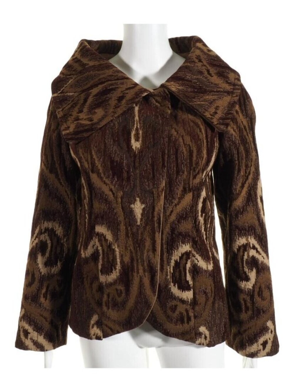 Brocade Womens Jacket S / M Lined Brown Tan Shawl Collar Hand Taylored - Picture 2 of 12